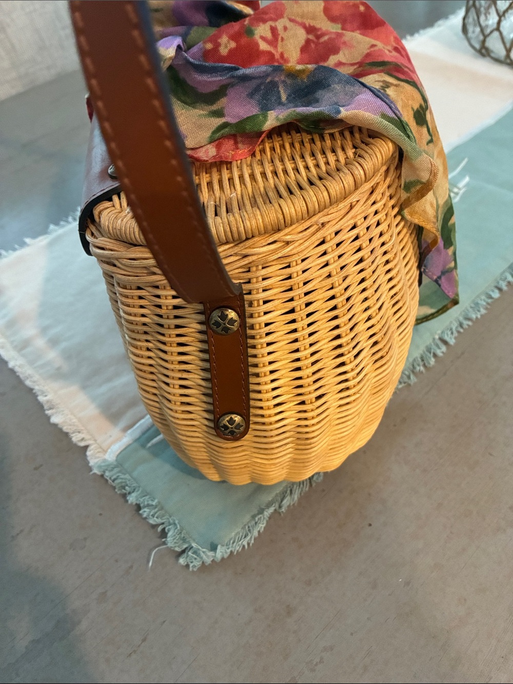 Patricia Nash woven Crossbody Bag with Brown Leather Trim and Floral Scarf - Picture 4 of 9